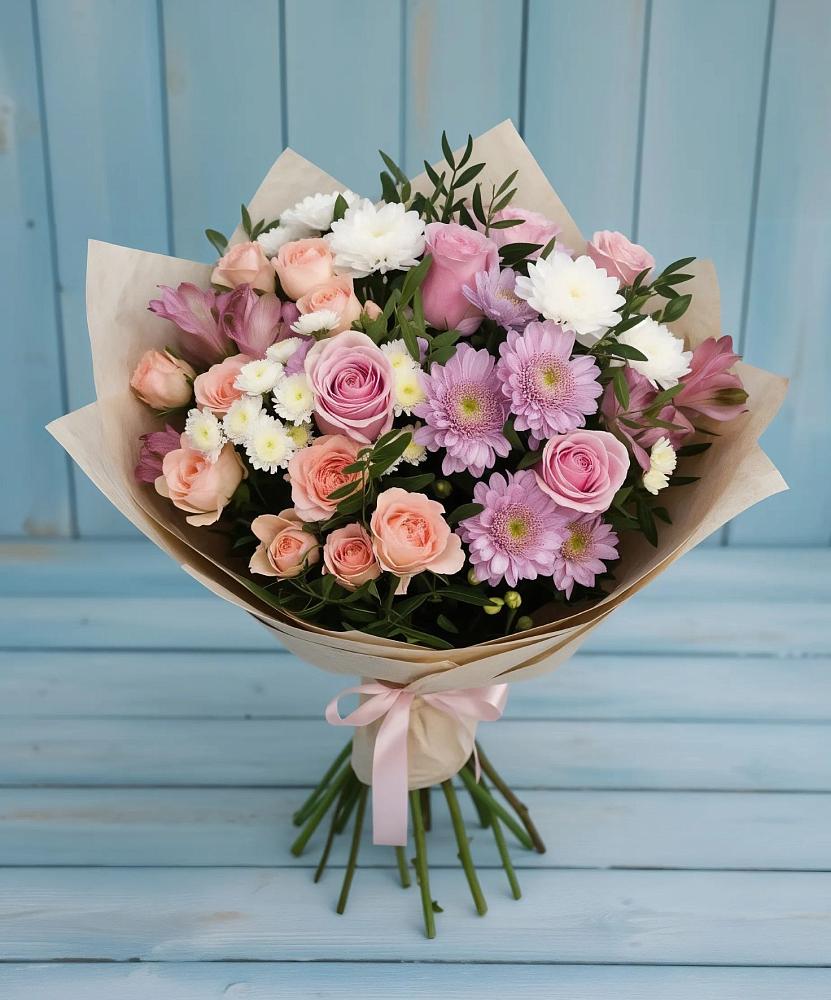 Букет цветов из: Хризантемы, Розы и Альстромерии в Толмачёво