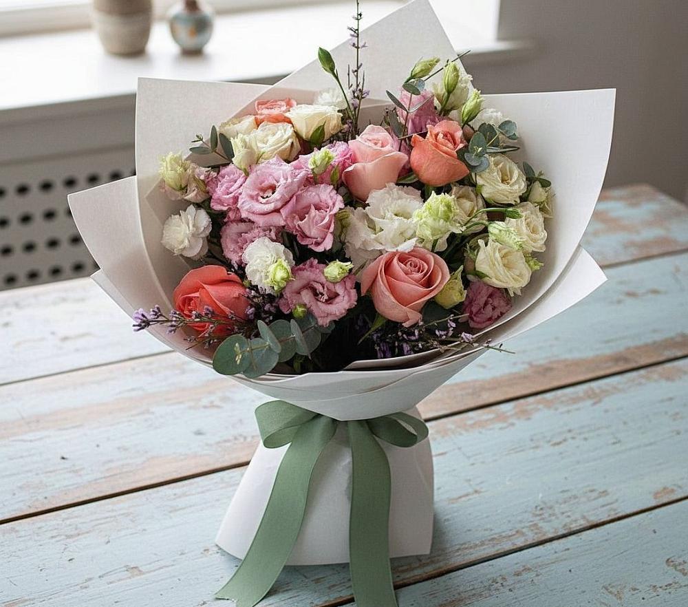 Букет цветов из: Розы, Лизиантусы и Гвоздики в Толмачёво