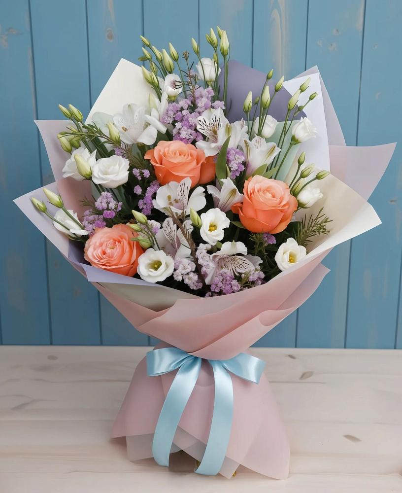 Букет цветов из: Лизиантусы, Розы, Альстромерии и Гипсофила в Толмачёво