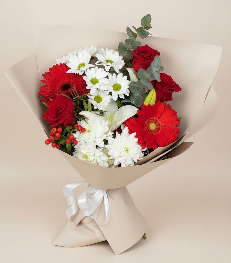 Букет цветов из: Розы, Хризантемы, Герберы и Лилии в Толмачёво