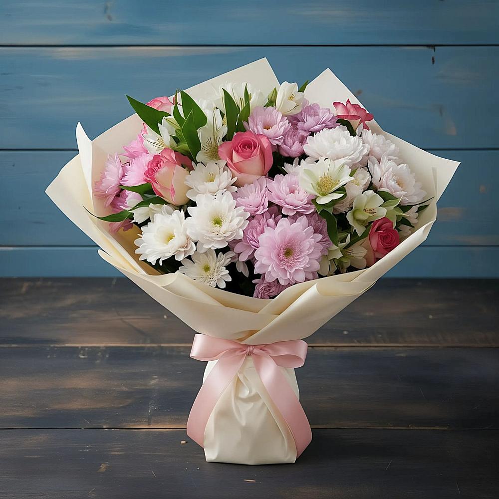 Букет цветов из: Хризантемы, Альстромерии и Розы в Толмачёво